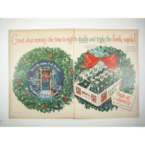 1953 Vintage 7-Up Print Ad 2 Page Christmas Wreath The Night Before READ